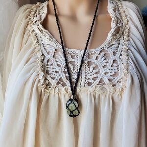 Handmade Black Cord Necklace with Green Stone Pendant